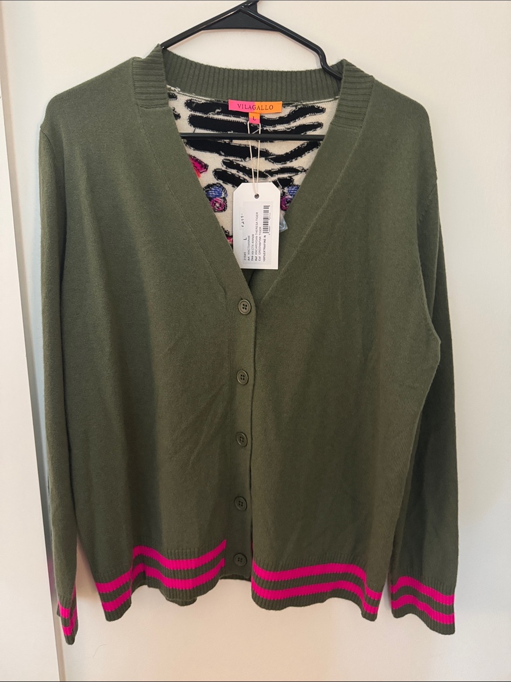 Vilagallo Olive Green Cardigan with Hot Pink Trim
